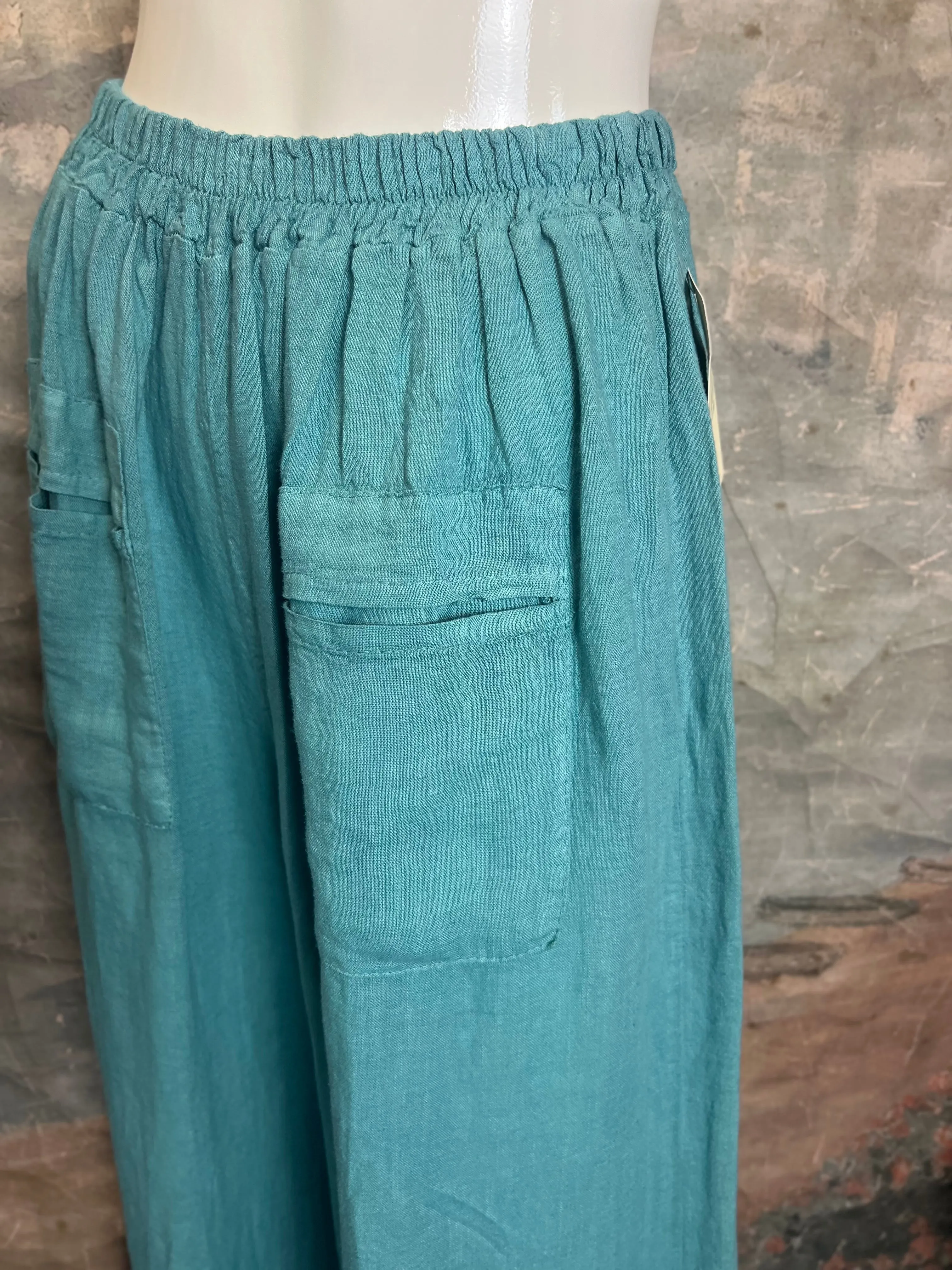 3248 Linen Button Detail Pants-Sea Blue