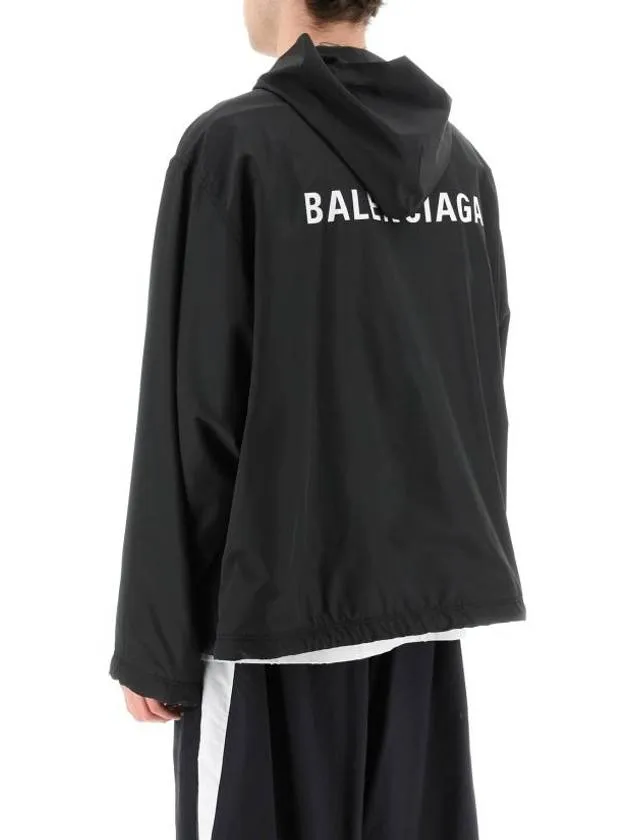 Balenciaga Logo Print Hooded Windbreaker Black