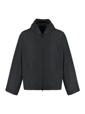 Balenciaga Logo Print Hooded Windbreaker Black