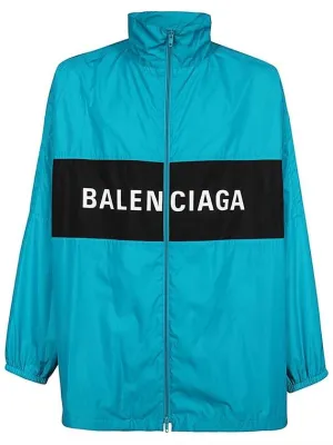 Balenciaga Logo Print Nylon Windbreaker Blue