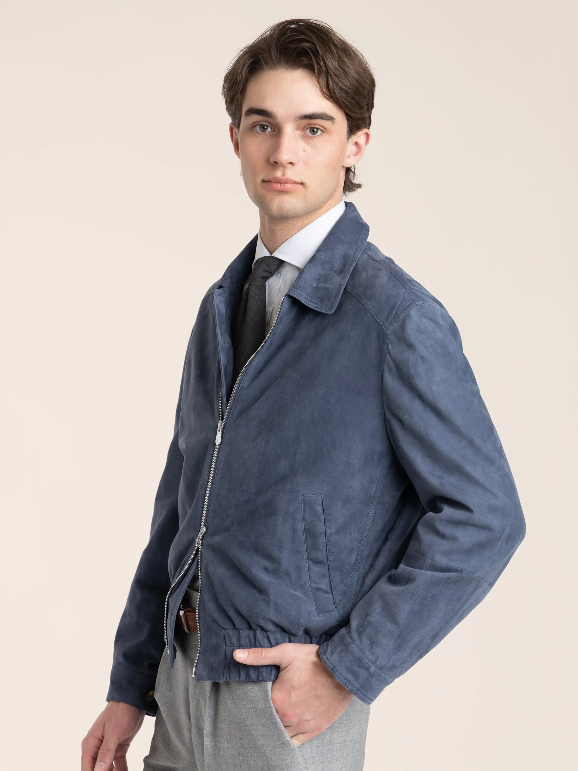 Blue Suede Bomber Jacket