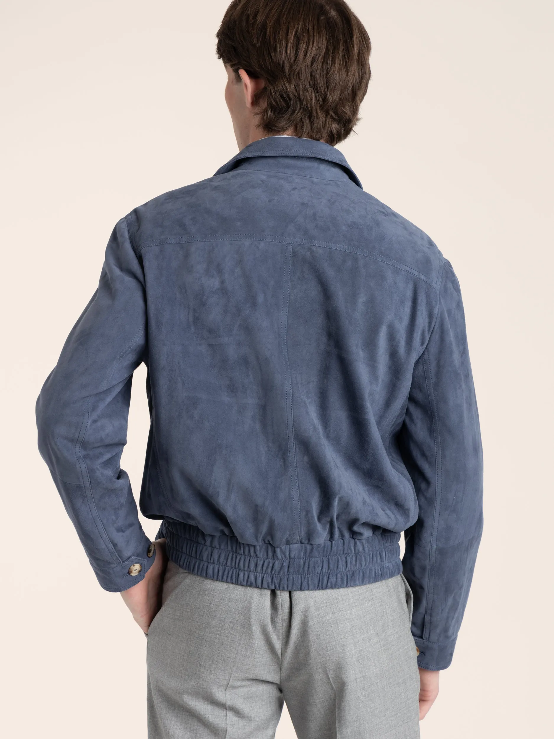 Blue Suede Bomber Jacket