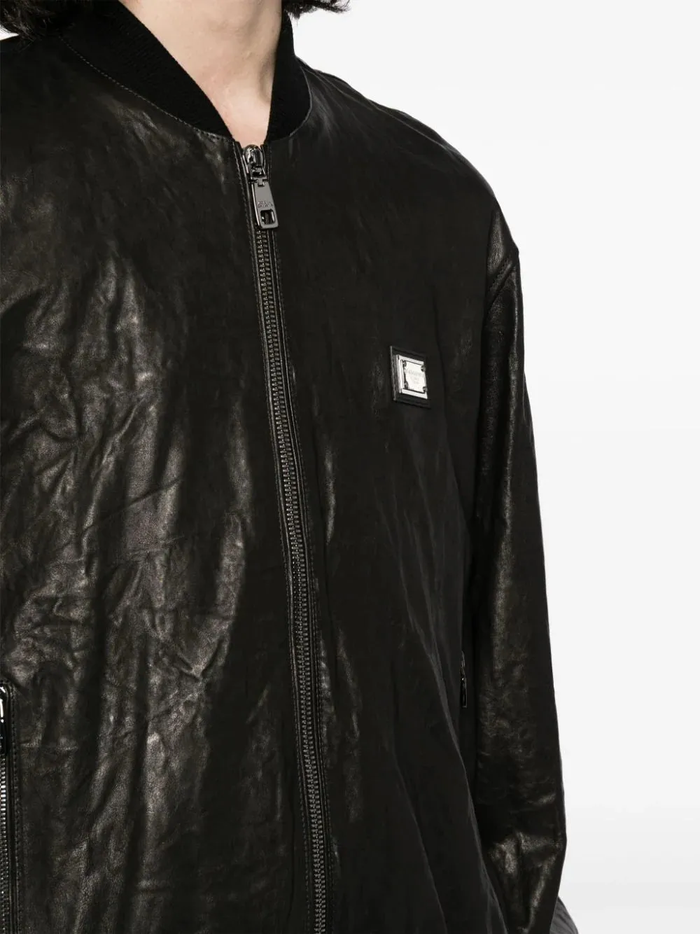 Crinkled Leather Bomber Jacket