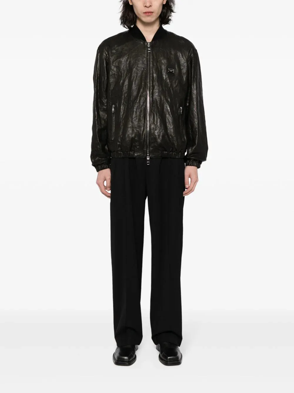 Crinkled Leather Bomber Jacket