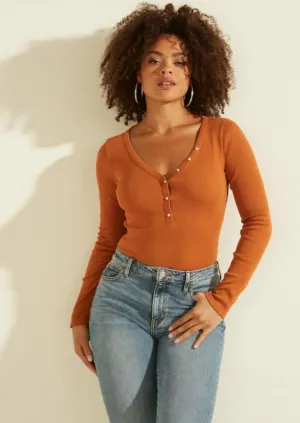 Guess LS V Neck Logo Henley Tee